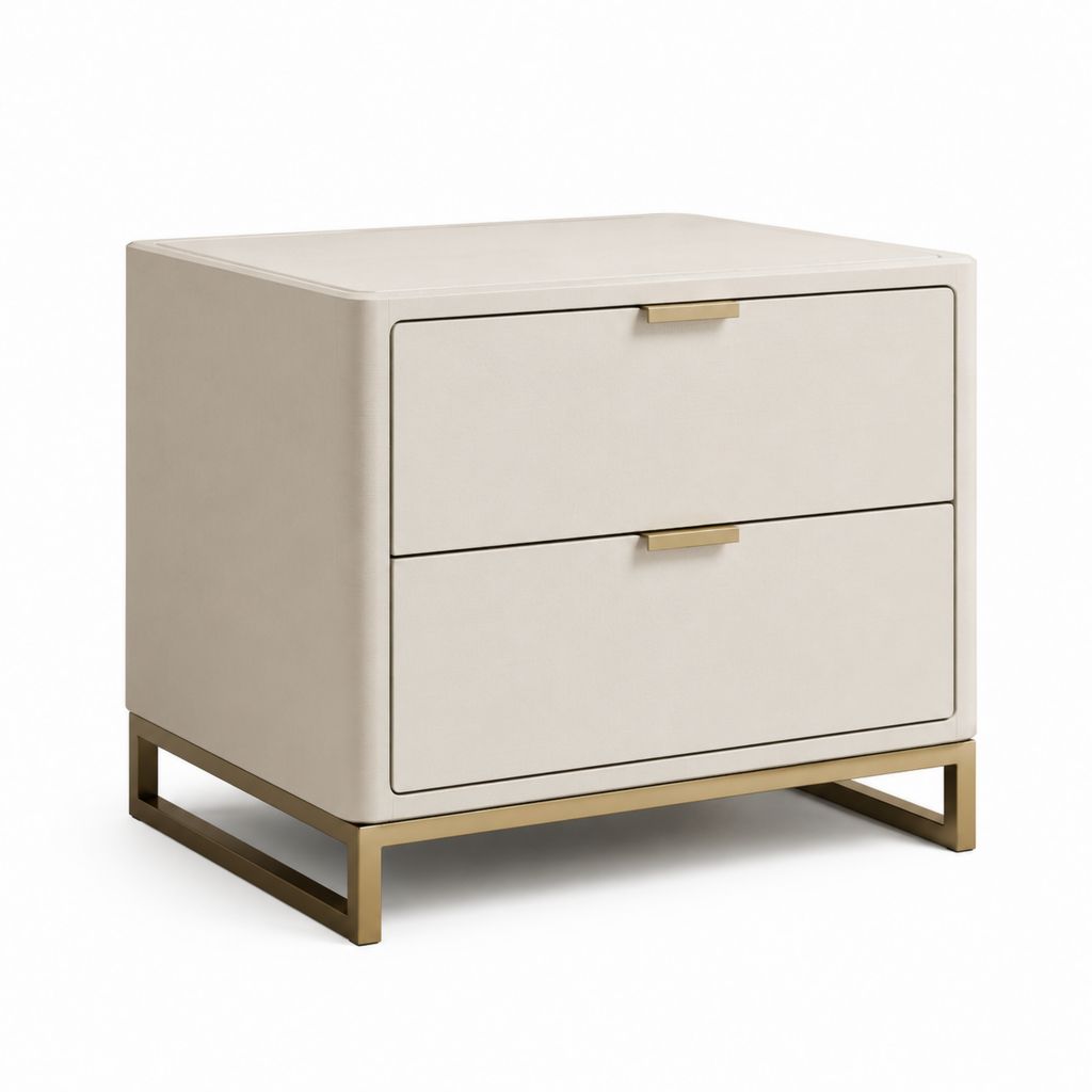 Comodino a 2 cassetti beige in pelle sintetica PU con base rettangolare in acciaio inox 60 x 45 x 60 cm