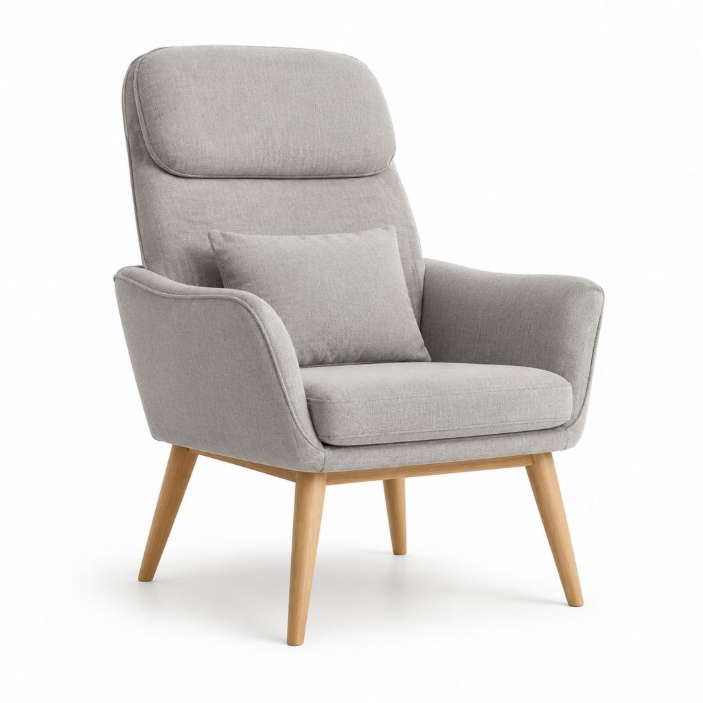 Poltrona imbottita grigio chiaro in poliestere con gambe in faggio sagoma arrotondata 76 x 85 x 102 cm