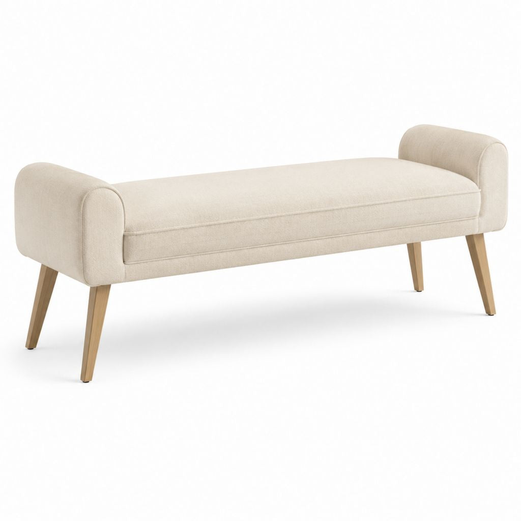 Panca fondoletto imbottita beige in poliestere con braccioli e gambe in legno massello 140 x 45 x 58 cm