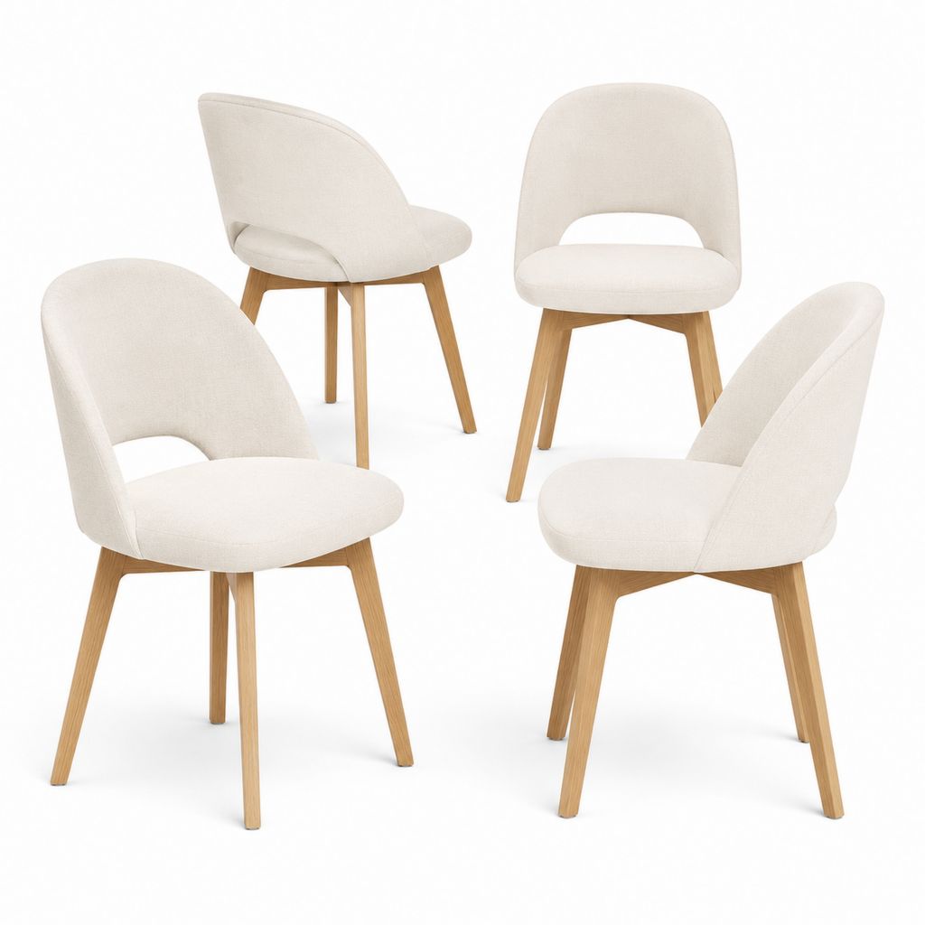 Set 4 Sedie da Pranzo Beige in Poliestere e Legno Massello di Hevea Arrotondate 50 x 55 x 82 cm