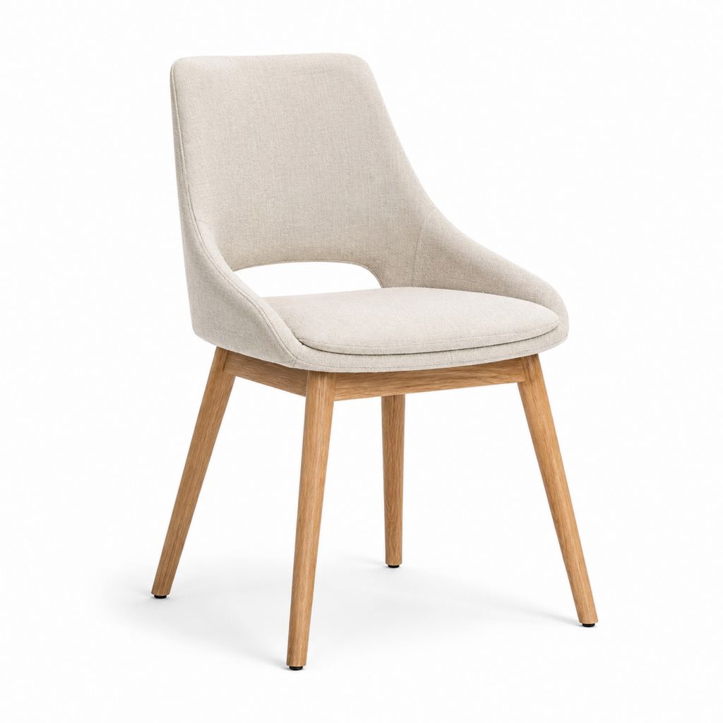 Sedia da pranzo imbottita beige in poliestere con gambe in legno massello di quercia forma curva 55 x 58 x 83 cm