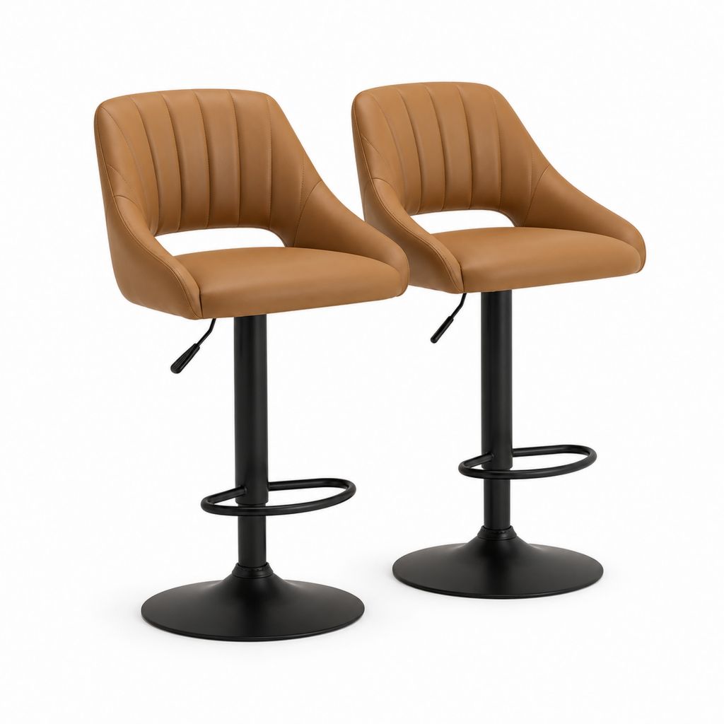 Set di 2 sgabelli da bar regolabili cognac in pelle PU con schienale curvo 52 x 53 x 90-111 cm