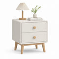Comodino 2 Cassetti Bianco in MDF con Gambe in Legno Massello Rettangolare 45 x 40 x 60 cm