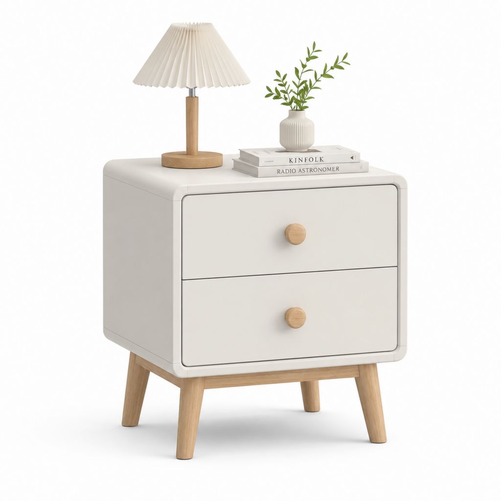 Comodino 2 Cassetti Bianco in MDF con Gambe in Legno Massello Rettangolare 45 x 40 x 60 cm