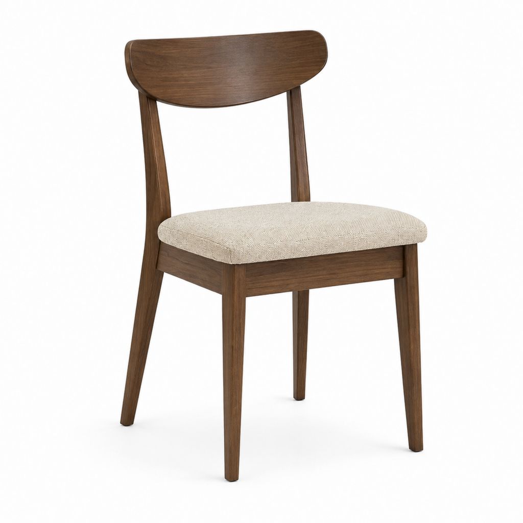 Sedia da pranzo imbottita marrone noce e beige in legno massello di gomma con schienale curvo 48 x 55 x 82 cm