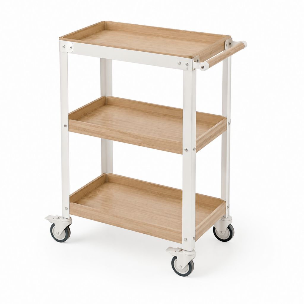 Carrello da cucina rettangolare a 3 ripiani bianco e naturale in acciaio e bambù 60 x 40 x 85 cm